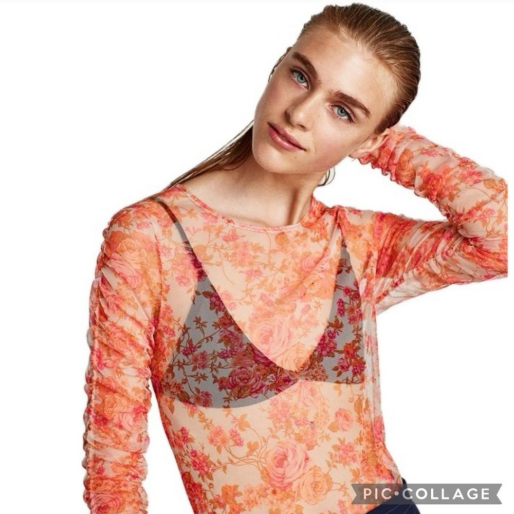 ❤️  ZARA Floral Sheer Organza Orange Top With Ruched Sleeves